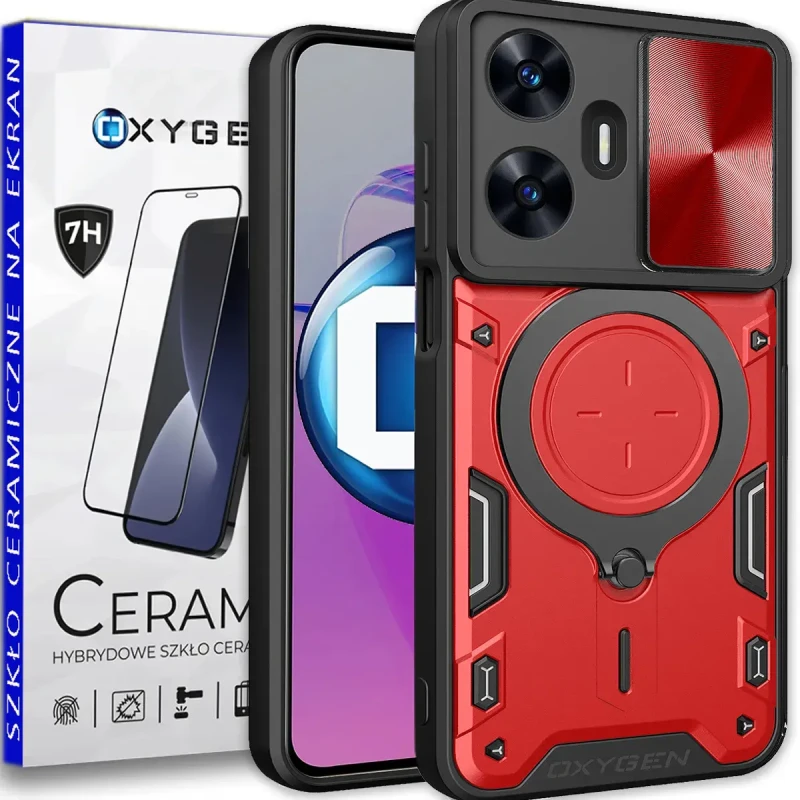 etui oxygen rr do realme c55 + szkło ceramiczne czerwone