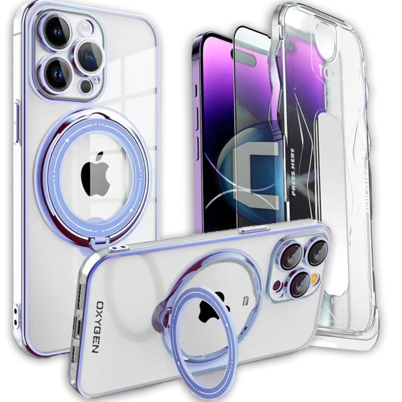 Etui Case OXYGEN MAGSafe NIEBIESKIE do Apple iPhone 14 PRO + szkło z ramką montażową