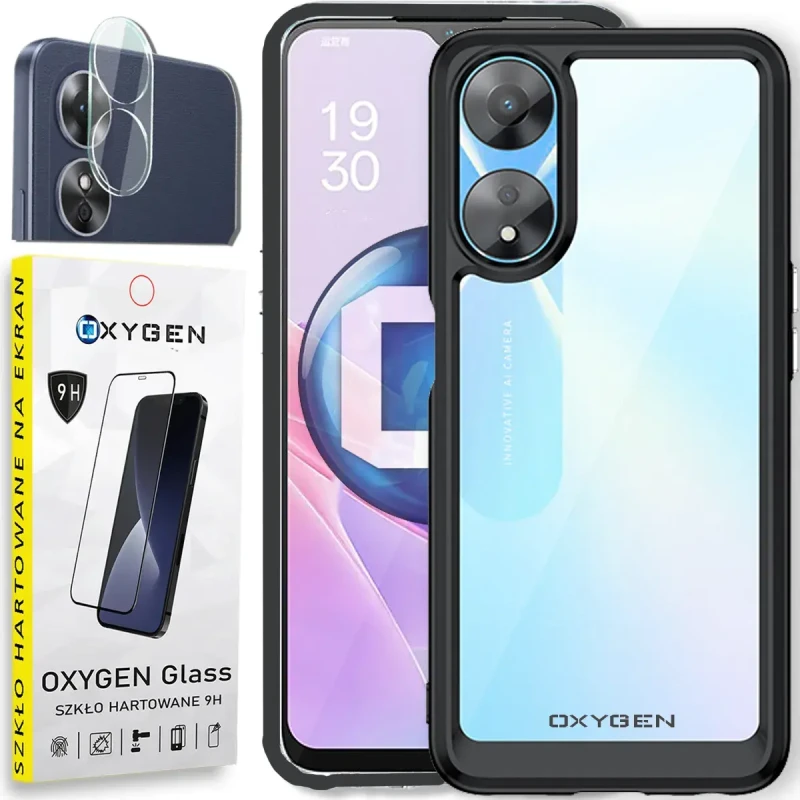Etui OXYGEN PURE do Oppo A78 5G Czarny + SZKŁO hartowane +szkło na aparat