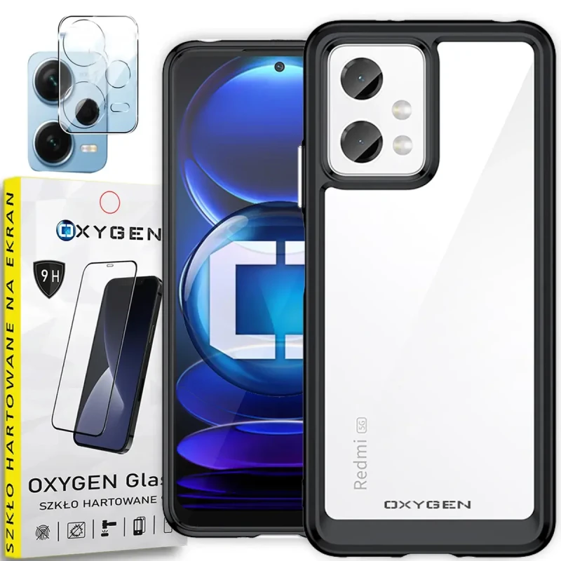 Etui OXYGEN PURE do Redmi Note 12 4G Czarny + szkło hartowane + szkło na aparat