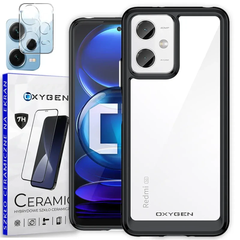 Etui OXYGEN PURE do Redmi Note 12 PRO 5G Czarne + szkło ceramiczne + szkło na aparat