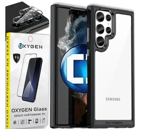 Etui OXYGEN PURE do Samsung S24 ULTRA czarne + szkło PREMIUM + szkło na aparat