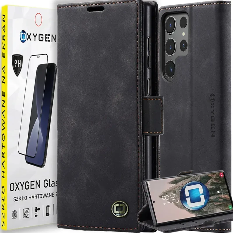 Etui OXYGEN BooK do Samsung Galaxy S24 Ultra CZARNE + szkło hartowane PREMIUM