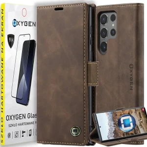 Etui OXYGEN BooK do Samsung Galaxy S24 Ultra BRĄZOWY + szkło hartowane PREMIUM