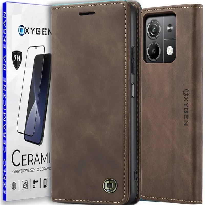 Etui kabura OXYGEN BooK do Xiaomi Redmi NOTE 13 PRO 5G BRĄZOWY |folia Ceramiczna
