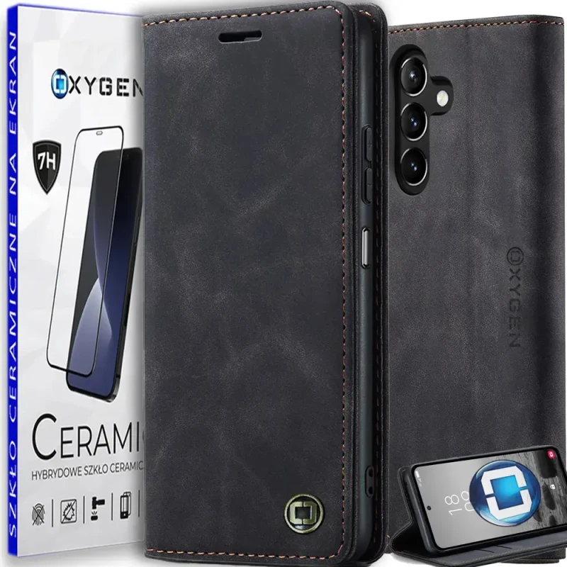 Etui skórzane kabura marki OXYGEN BooK do Samsung Galaxy S24 5G CZARNY | szkło ceramiczne