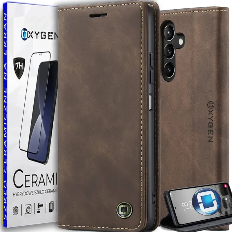 Etui skórzane kabura marki OXYGEN BooK do Samsung Galaxy S24 5G BRĄZOWY | szkło ceramiczne