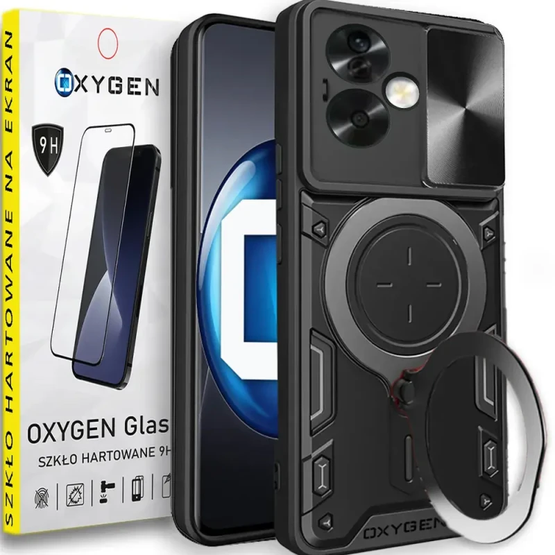 Etui Case Pokrowiec OXYGEN RR do Oppo A79 5G CZARNE + SZKŁO HARTOWANE na ekran