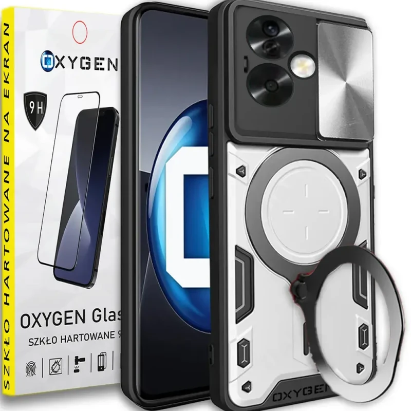 Etui Case Pokrowiec OXYGEN RR do Oppo A79 5G SREBRNE + SZKŁO HARTOWANE na ekran