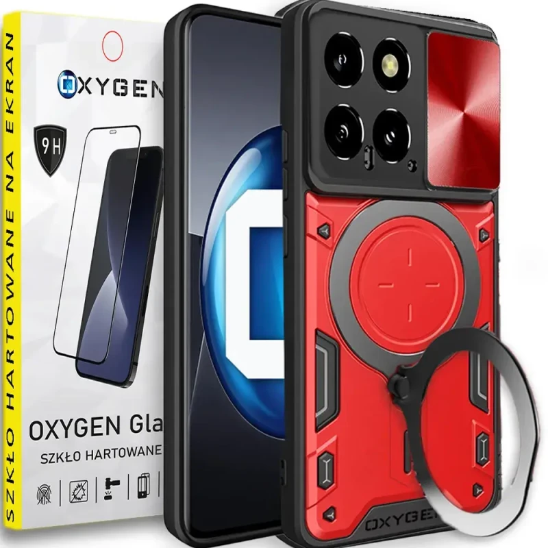 Etui Case Pokrowiec OXYGEN RR do XIAOMI 14 5G CZERWONE + SZKŁO HARTOWANE na ekran
