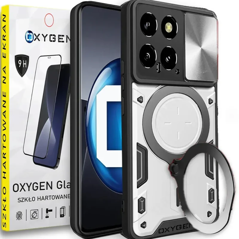 Etui Case Pokrowiec OXYGEN RR do XIAOMI 14 5G SREBRNE + SZKŁO HARTOWANE na ekran