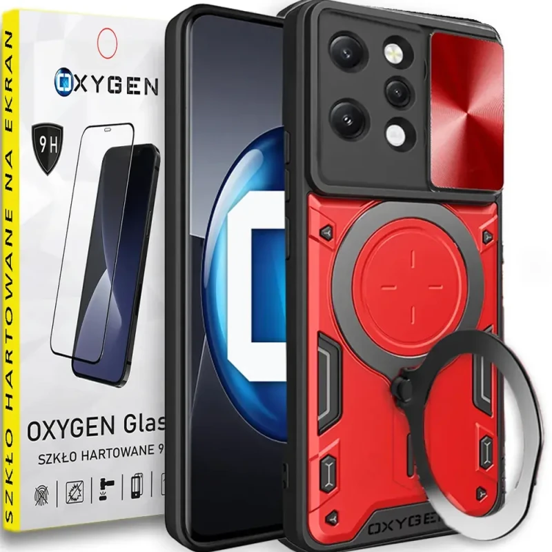 Etui Case Pokrowiec OXYGEN RR do Redmi 12 4G CZERWONE + SZKŁO HARTOWANE na ekran