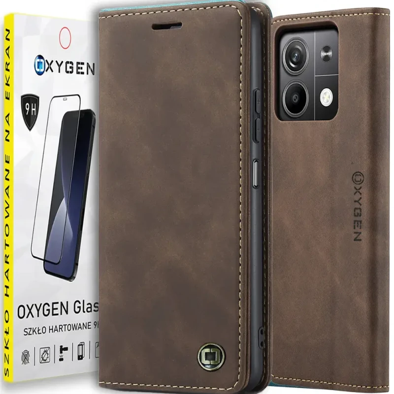 Etui CASE kabura OXYGEN BooK do Xiaomi Redmi NOTE 13 PRO 4G |szkło 9H BRĄZOWE