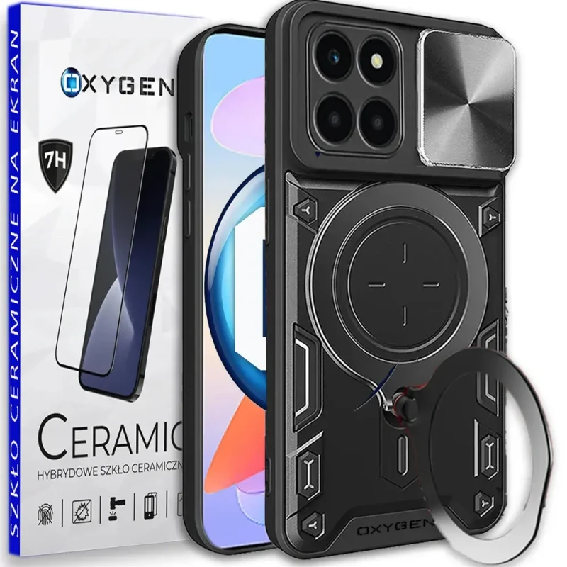 PANCERNE etui case marki OXYGEN RR do Honor X6a + szkło CERAMICZNE na ekran | CZARNE