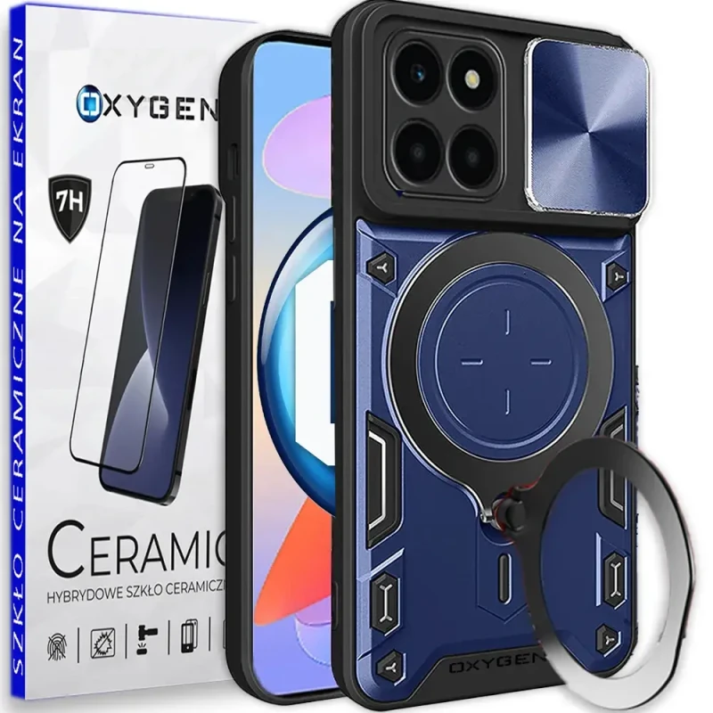 PANCERNE etui case marki OXYGEN RR do Honor X6a + szkło CERAMICZNE na ekran | NIEBIESKIE