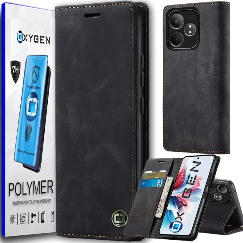 Etui na telefon Realme GT 6T 5G Oxygen Book Czarne + Folia Polimerowa