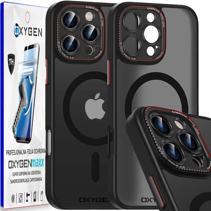 Etui na telefon pokrowiec OXYGEN mocny MAGSafe Czarne do Apple iPhone 16 PRO Max + Super Folia