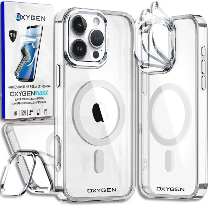 Etui na telefon pokrowiec OXYGEN mocny CAM Srebrne do Apple iPhone 16 PRO MAX + Super Folia