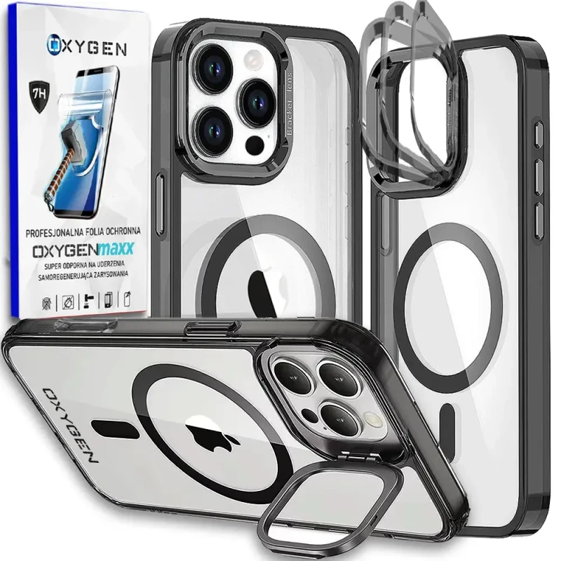 Etui na telefon pokrowiec OXYGEN CaM Czarne do iPhone 16 PRO/Mocny Ring + Super Folia na ekran