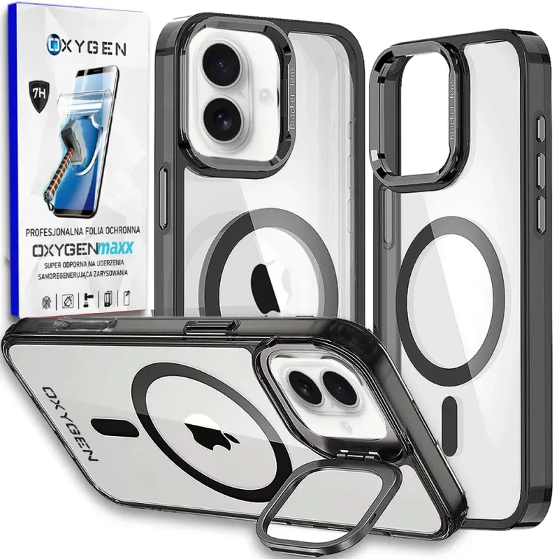 Etui na telefon pokrowiec OXYGEN CaM Czarne do iPhone 16 /Mocny Ring + Super Folia na ekran