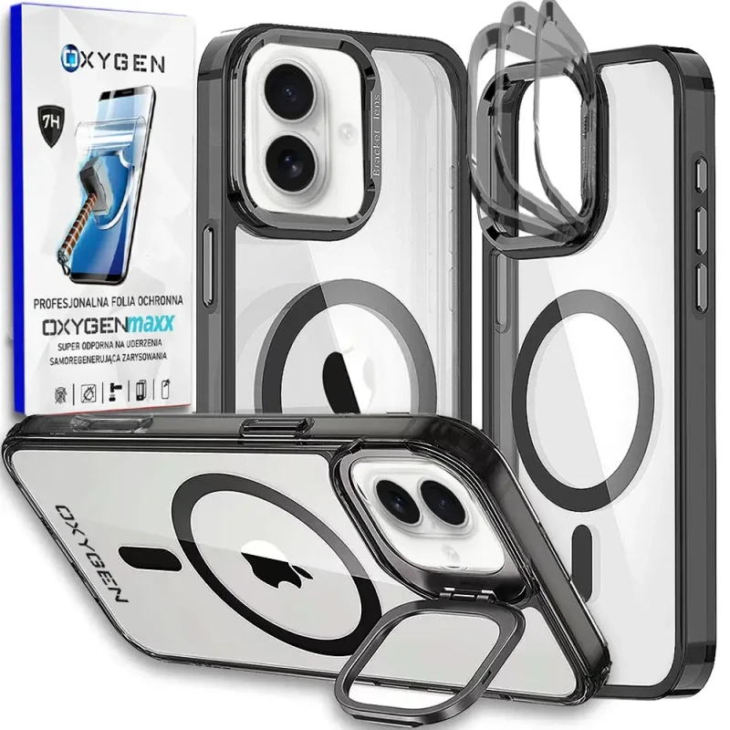 Etui na telefon pokrowiec OXYGEN CaM Czarne do iPhone 16 PLUS /Mocny Ring + Super Folia na ekran