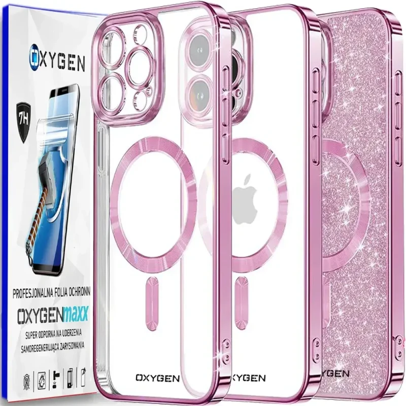 Etui na telefon pokrowiec OXYGEN Glitter Różowe do iPhone 16 PRO MAX/Mocny Ring + Super Folia na ekran