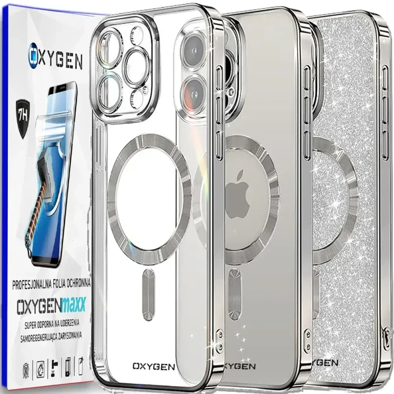 Etui na telefon pokrowiec OXYGEN Glitter Srebrne do iPhone 16 PRO MAX/Mocny Ring + Super Folia na ekran