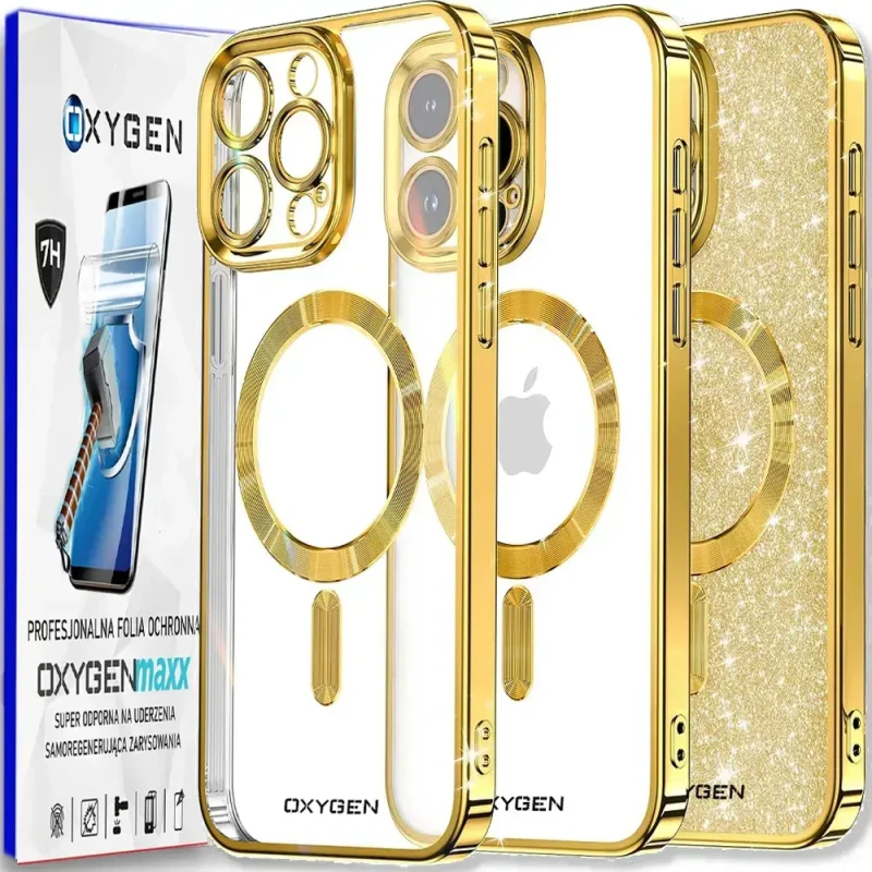 Etui na telefon pokrowiec OXYGEN Glitter Złote do iPhone 16 PRO MAX/Mocny Ring + Super Folia na ekran
