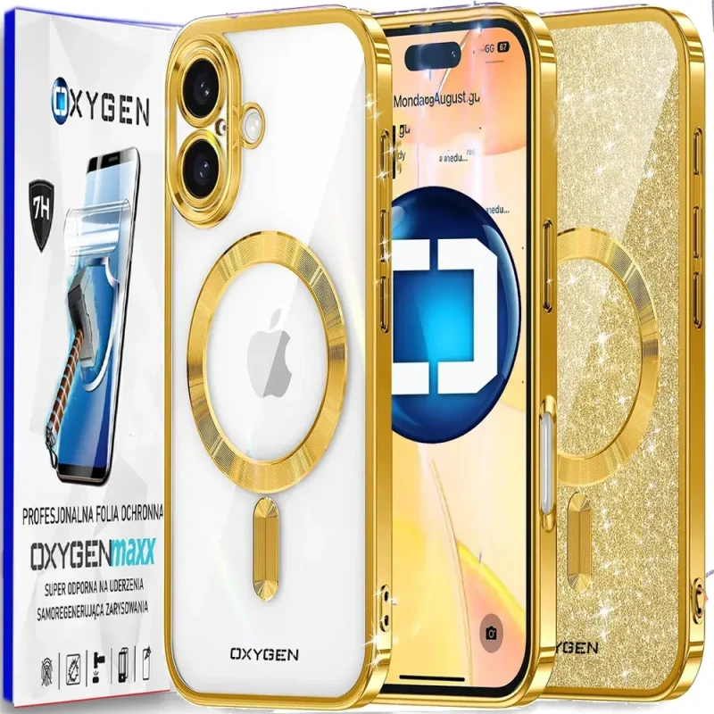 Etui na telefon pokrowiec OXYGEN Glitter Złote do iPhone 16 PLUS/Mocny Ring + Super Folia na ekran