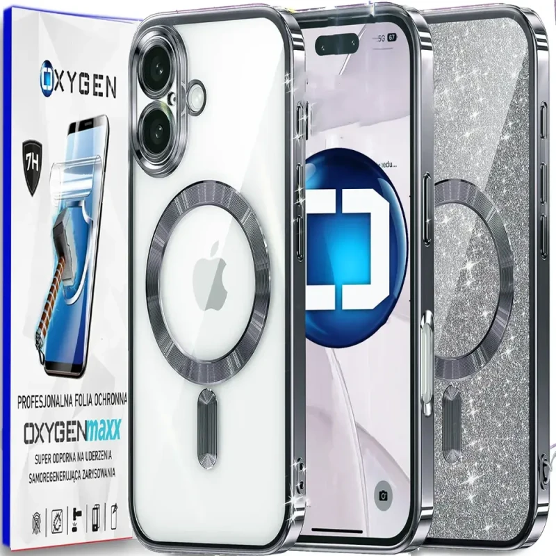 Etui na telefon pokrowiec OXYGEN Glitter Srebrne do iPhone 16 PLUS/Mocny Ring + Super Folia na ekran