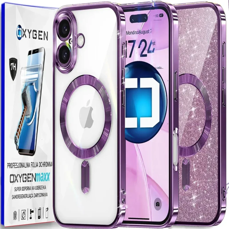 Etui na telefon pokrowiec OXYGEN Glitter Różowe do iPhone 16 Magsafe + Super Folia na ekran