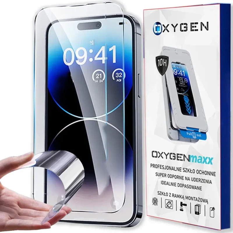 Szkło Hartowane OXYGEN na ekran do Apple iPhone 16 PLUS z ramką montażową.webp