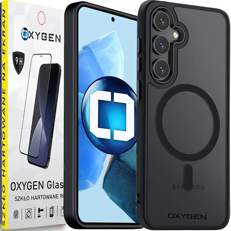 Etui na telefon Samsung Galaxy S25 Oxygen MAGSafe Czarne + Szkło PREMIUM.webp