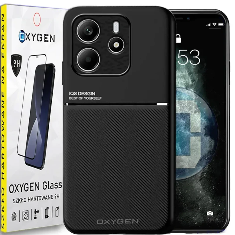 Etui na telefon Xiaomi Redmi Note 14 5G Oxygen IQS Czarne + Szkło Hartowane.webp