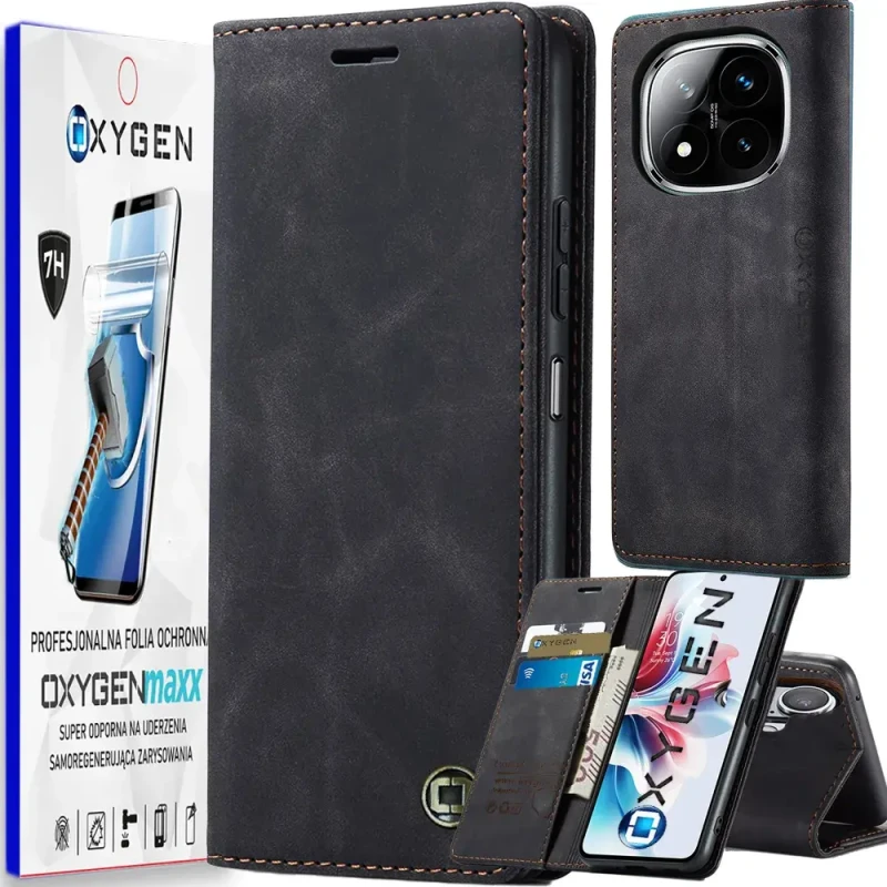 Etui na telefon Xiaomi Redmi Note 14 PRO PLUS 5G Oxygen Book Czarne + Super Folia.webp
