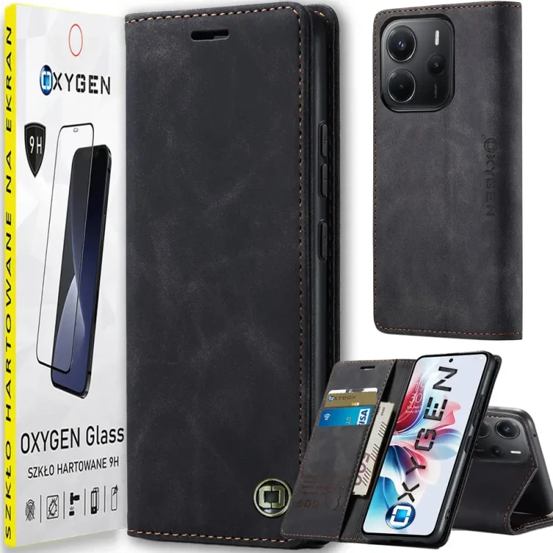 Etui na telefon Xiaomi Redmi Note 14 5G Oxygen BooK Czarne + Szkło Hartowane.webp