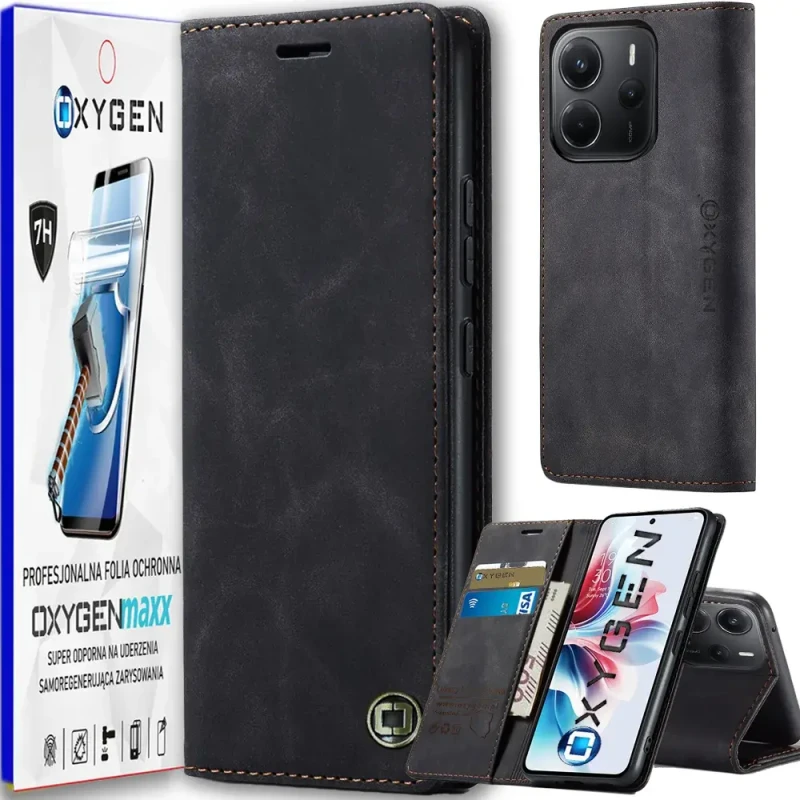 Etui na telefon Xiaomi Redmi Note 14 5G Oxygen Book Czarne + Super Folia.webp