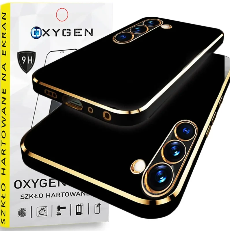 Etui na telefon Samsung Galaxy S25 Oxygen GLOW Czarne + Szkło Hartowane PREMIUM.webp