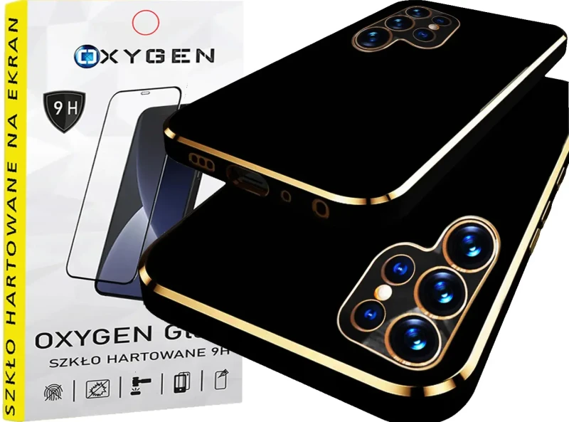 Etui na telefon Samsung Galaxy S25 Ultra Oxygen GLOW Czarne + Szkło Hartowane PREMIUM.webp