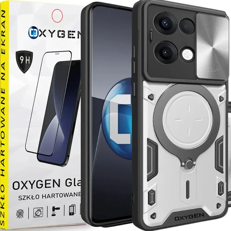 Etui na telefon Oppo Reno13 5G Oxygen RR Srebrne + Szkło Hartowane 9H.webp