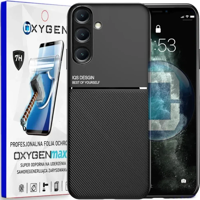 Etui na telefon Samsung Galaxy A36 5G Oxygen IQS Czarne + Super Folia.webp