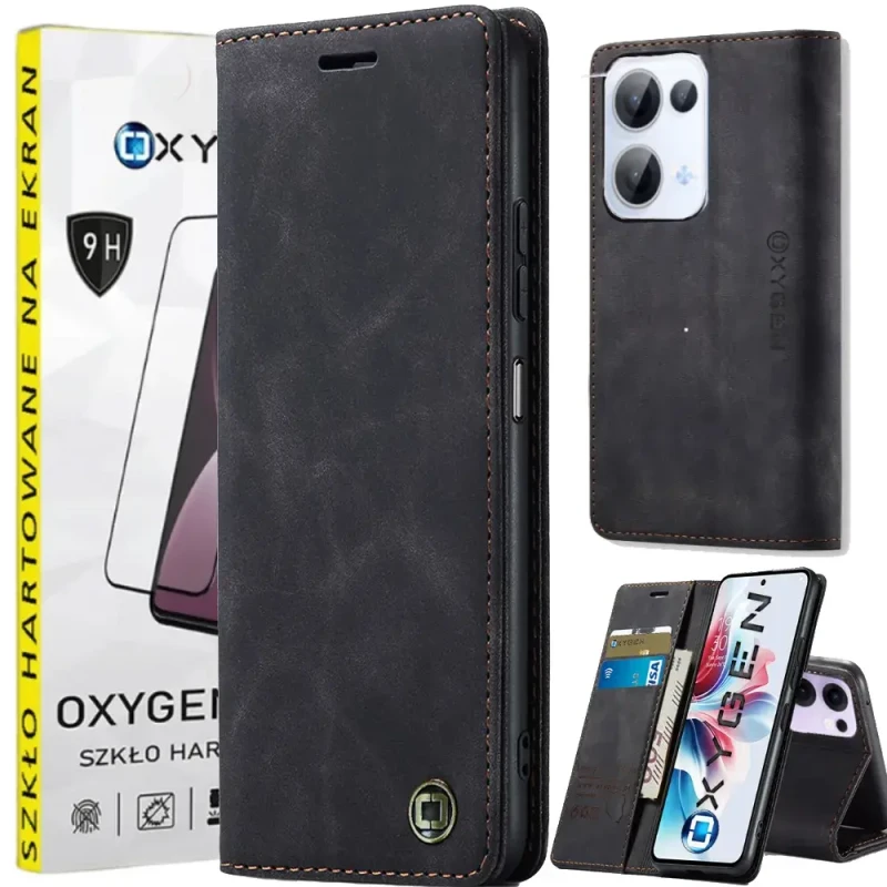 Etui na telefon Oppo Reno13 5G Oxygen BooK Czarne + Szkło Hartowane.webp