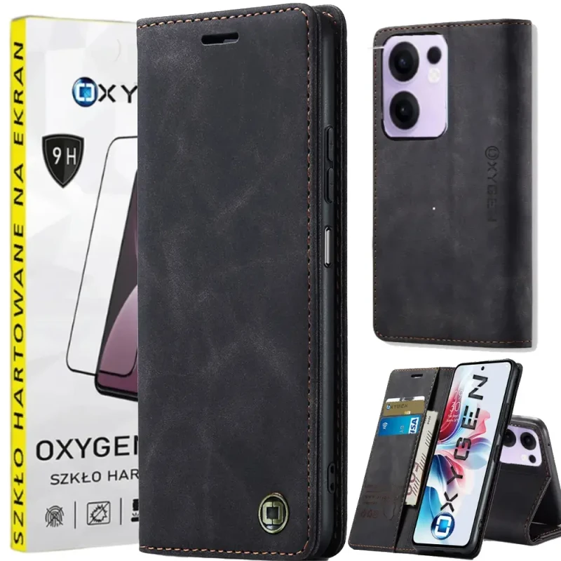 Etui na telefon Oppo Reno13 F 5G Oxygen BooK Czarne + Szkło Hartowane.webp