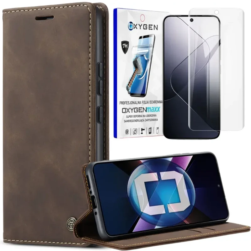 Etui na telefon Xiaomi POCO X7 PRO 5G Oxygen Book Brązowe + Super Folia.webp