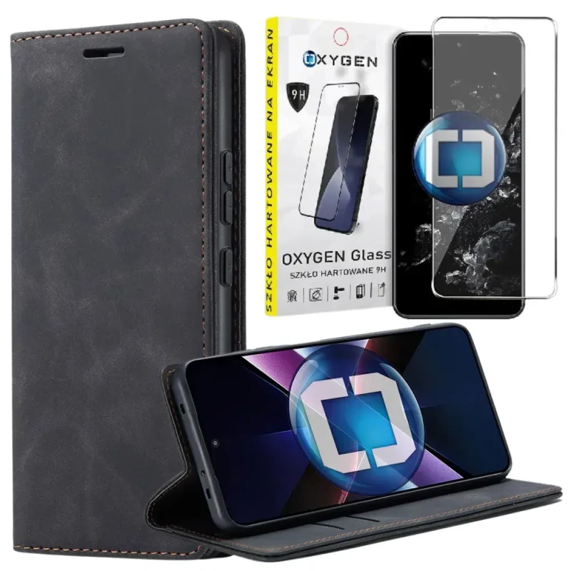 Etui na telefon Xiaomi POCO X7 PRO 5G Oxygen Book Czarne + Szkło Hartowane 9H.webp