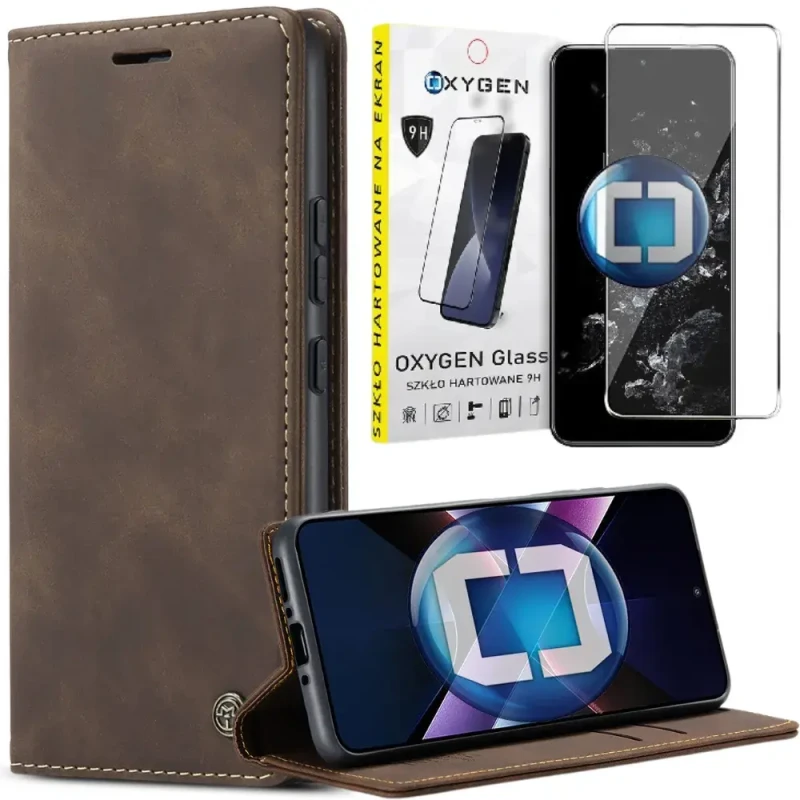 Etui na telefon Xiaomi POCO X7 PRO 5G Oxygen Book Brązowe + Szkło Hartowane 9H.webp
