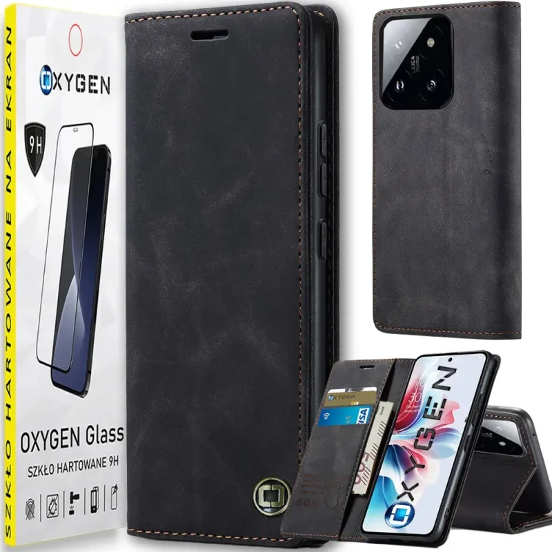 Etui na telefon Xiaomi 15 5G Oxygen BooK Czarne + Szkło Hartowane 9H.webp
