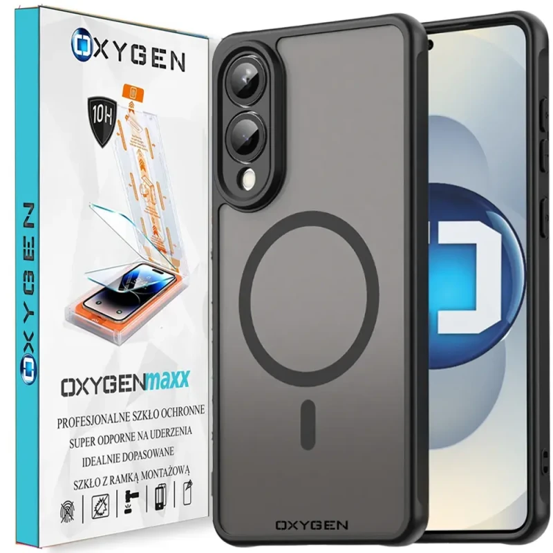 Etui na telefon Samsung Galaxy S25 EDGE Oxygen MAGSafe Czarne + Szkło Hartowane z Ramką Montażową.webp