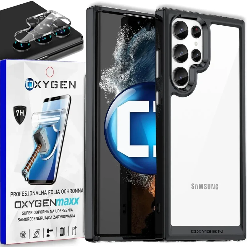Etui na telefon Samsung S24 ULTRA Oxygen Pure Czarne + Super Folia + Szkło Na Aparat.webp