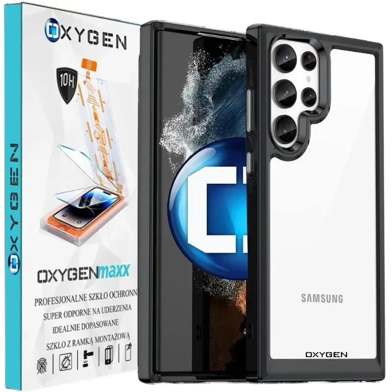 Etui na telefon Samsung S24 ULTRA Oxygen Pure Czarne +  Szkło Hartowane Z Ramką Montażową.webp